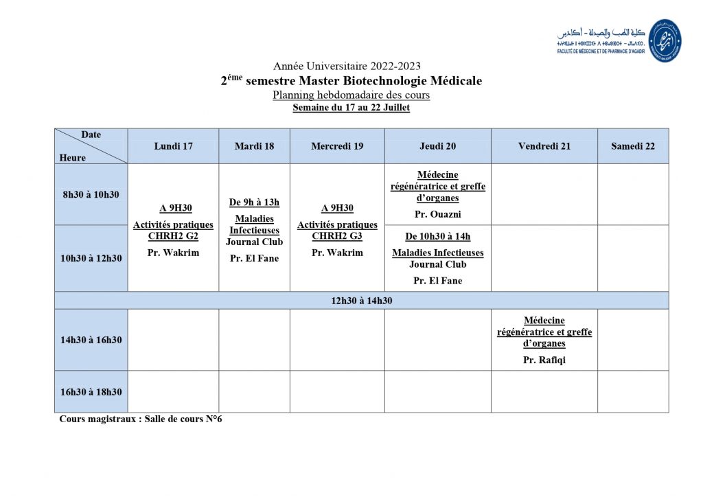 Rattrapage des cours de 4ème année (semaine du 08 au 13 janvier 2024) –  modifié – Faculté de Médecine et de Pharmacie d'Agadir