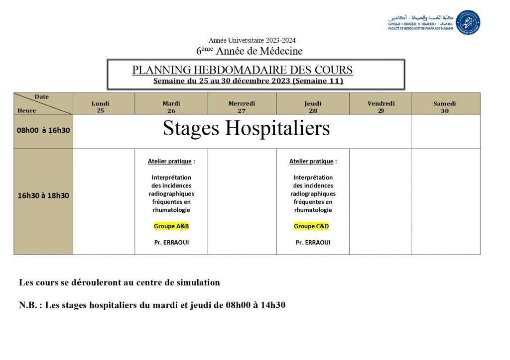 Rattrapage des cours de 5ème année (semaine du 08 au 13 janvier 2024) –  Faculté de Médecine et de Pharmacie d'Agadir