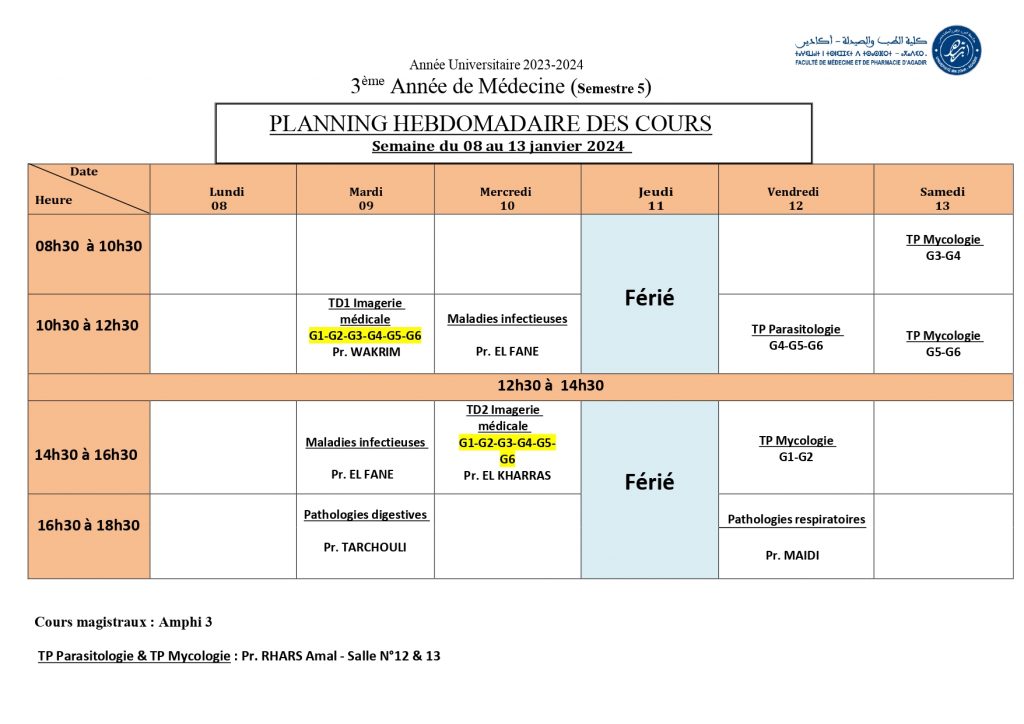 Rattrapage des cours de 3ème année (semaine du 08 au 13 janvier 2024) –  Faculté de Médecine et de Pharmacie d'Agadir
