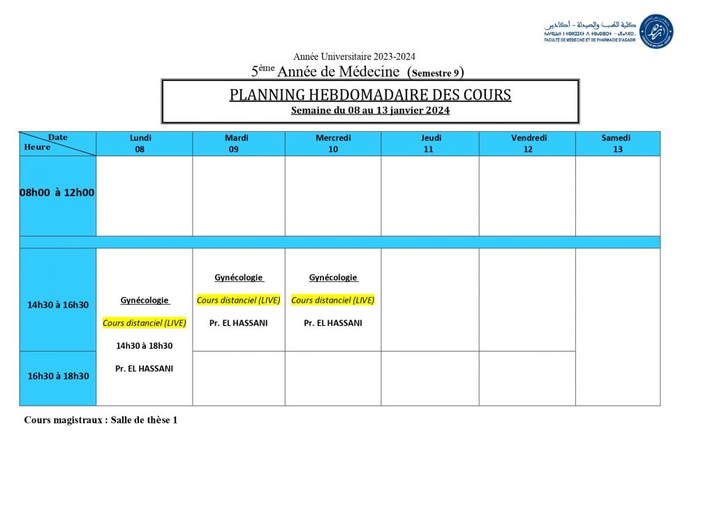Rattrapage des cours de 5ème année (semaine du 08 au 13 janvier 2024) –  Faculté de Médecine et de Pharmacie d'Agadir